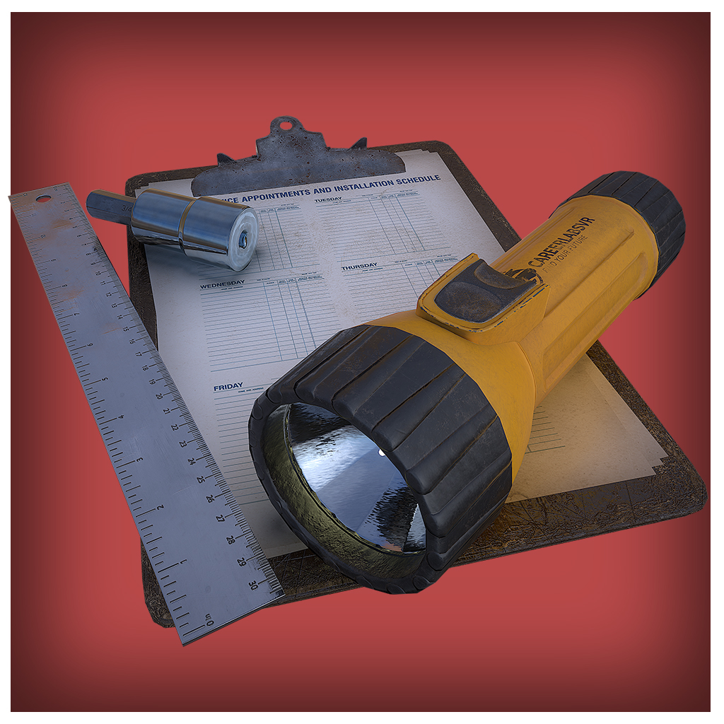 3D prop model of industrial design Clip board, flashlight, ruler 